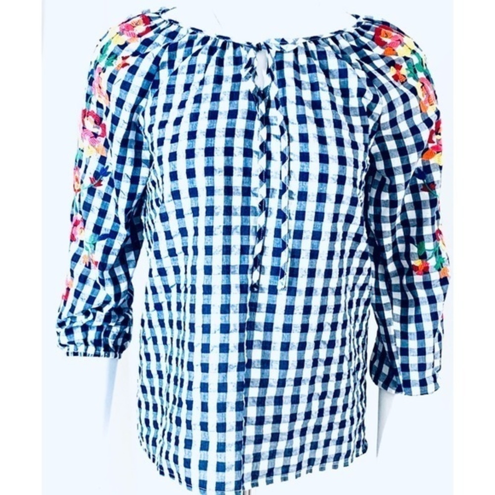 SKIES ARE BLUE Checkered Floral Blouse-XS